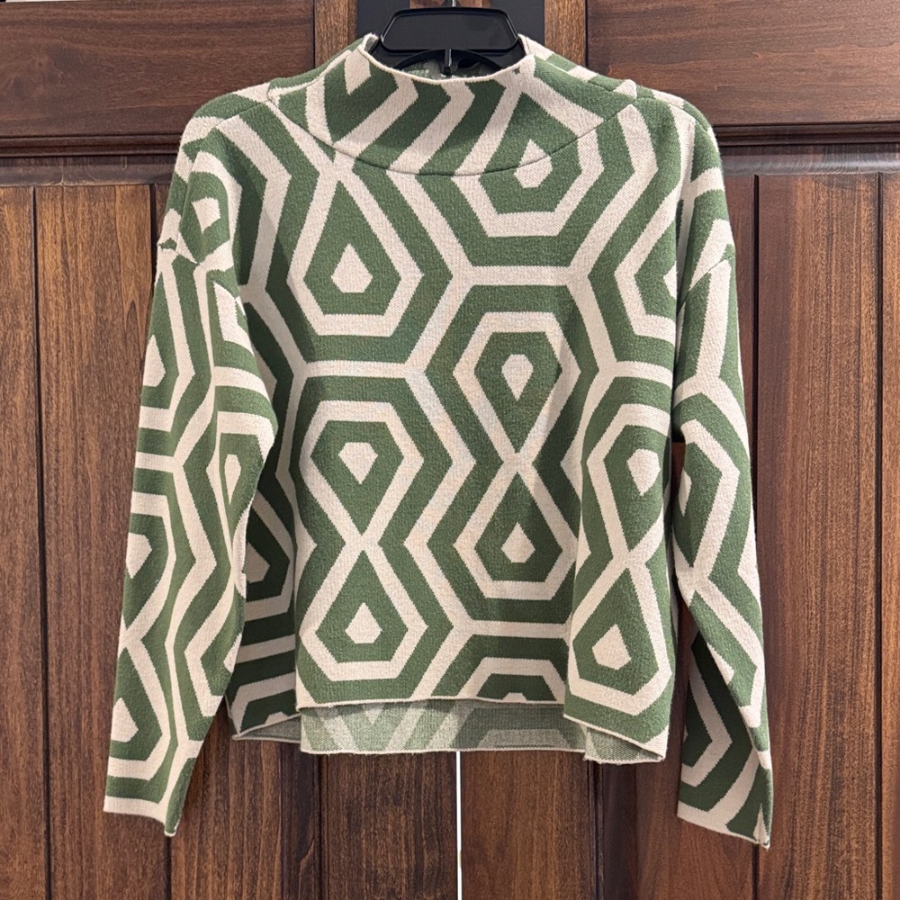 Maeve Green and Cream Geometric Mock Neck Carys Sweater Brand New